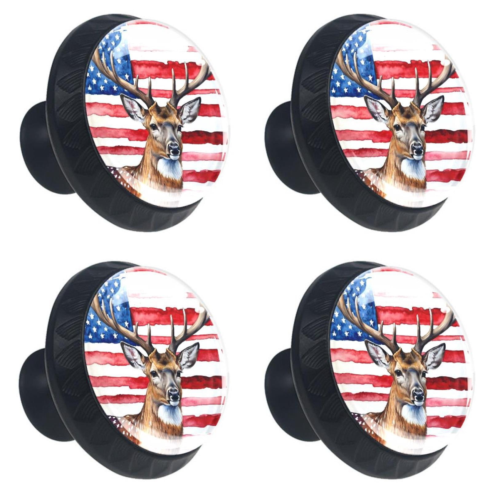 4 Pcs Deer and American Flag Knobs for Kitchen Cabinet Cupboard Dresser Bookcase Drawer Pulls Handles Round Home Decor