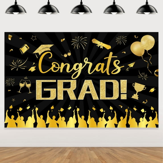 Congrats Grad Banner, Graduation Banner for Graduation Party Decorations 2023, Congratulations Banner for Black and Gold Graduation Decorations 2023, Graduation Backdrop