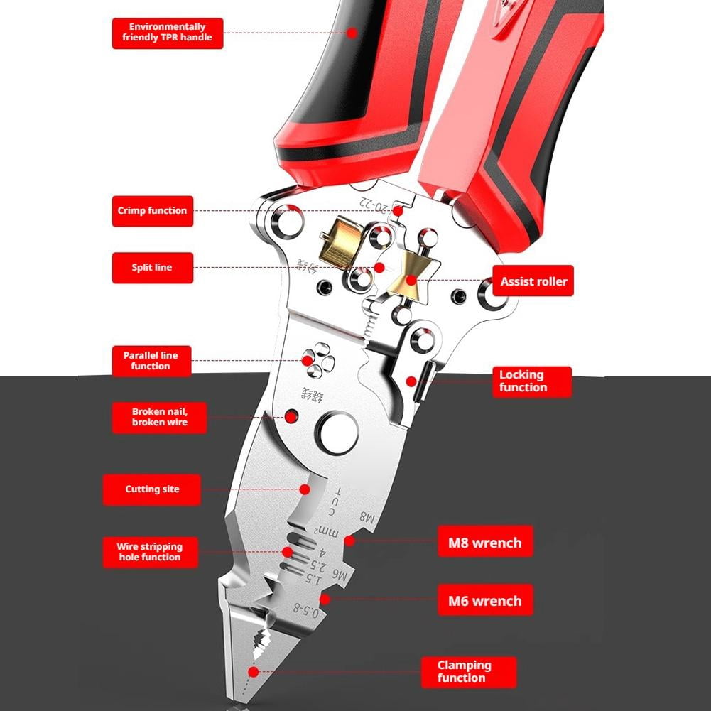 16 in 1 Wire Stripper Twister, For Cutting and Pulling Wires, Cable Scissors,Voltage Tester Pliers, 30v to 220v-Red
