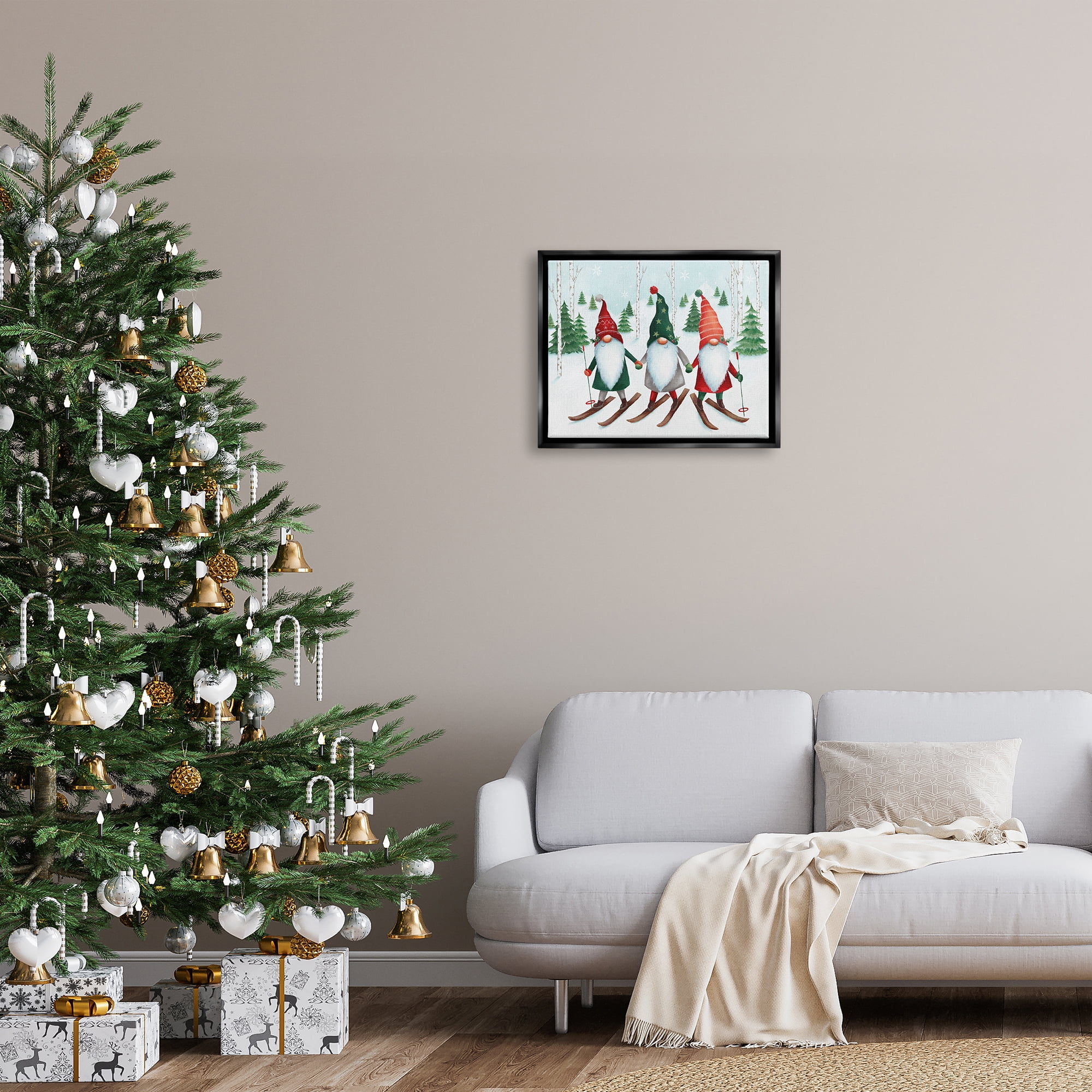 Stupell Industries Gnome Trio Skiing Holiday Painting Black Floater Framed Canvas Art Print Wall Art, 21 x 17