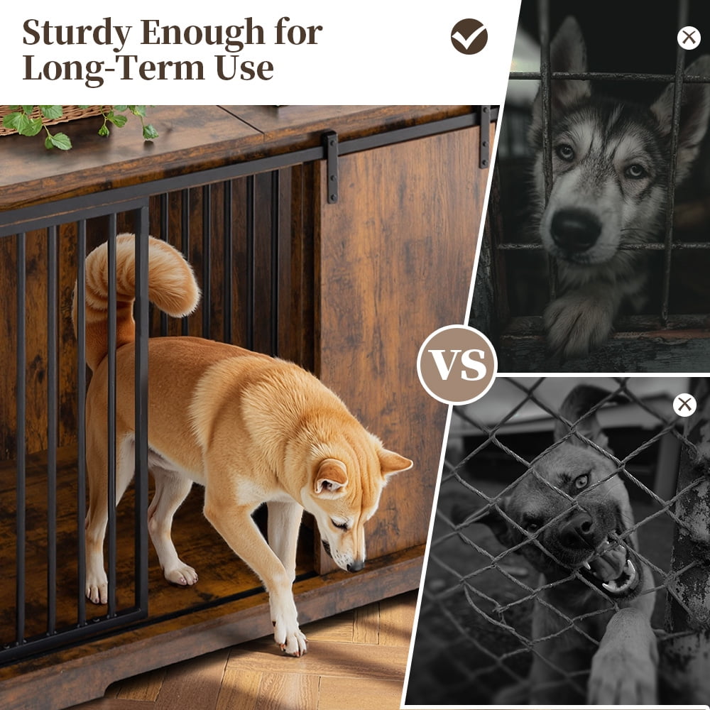 Double Dog Crate Furniture for 2 Dogs, DOMIPET Heavy-Duty Dog Kennel TV Stand with Divider and Sliding Doors, Large Dog Cage for Pet Cat Animals