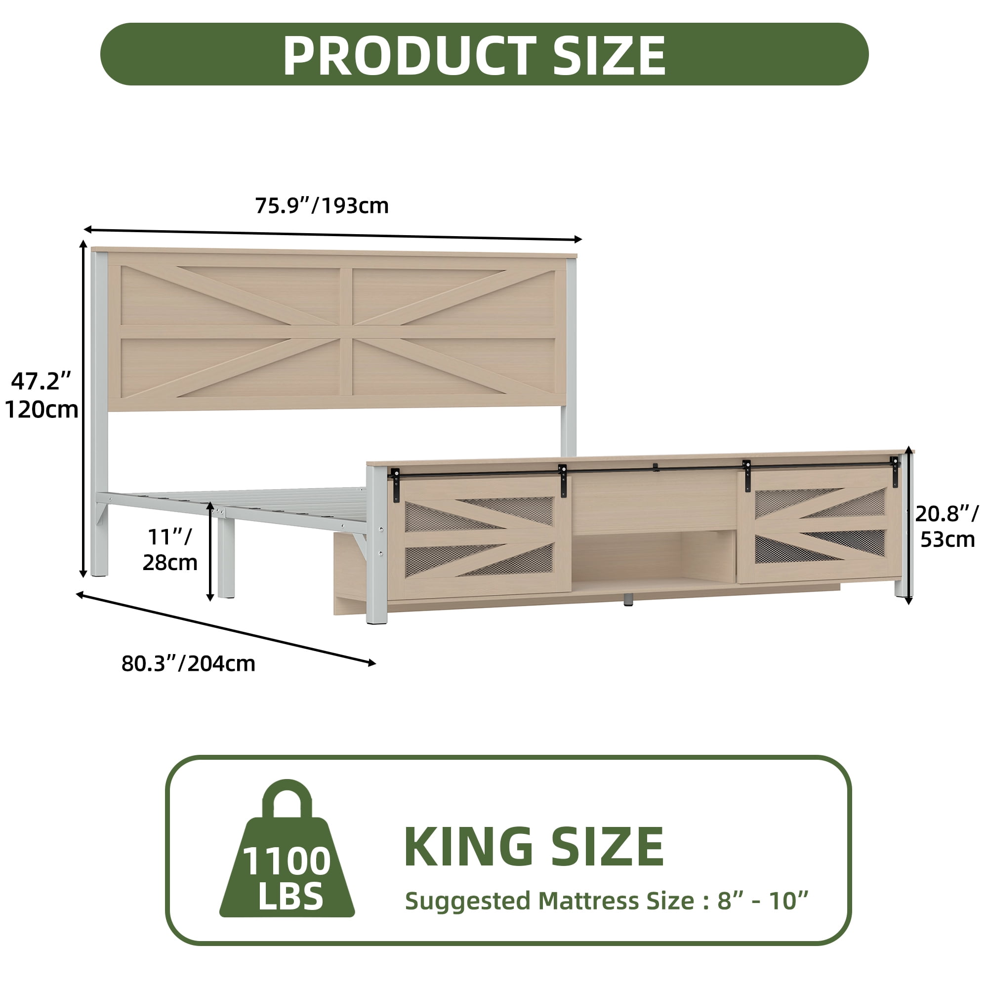 Uforic Bed End Barn Door King Size Bed Frame with Headboar Storage, Steel Mesh Door & Sturdy Construction, Oak
