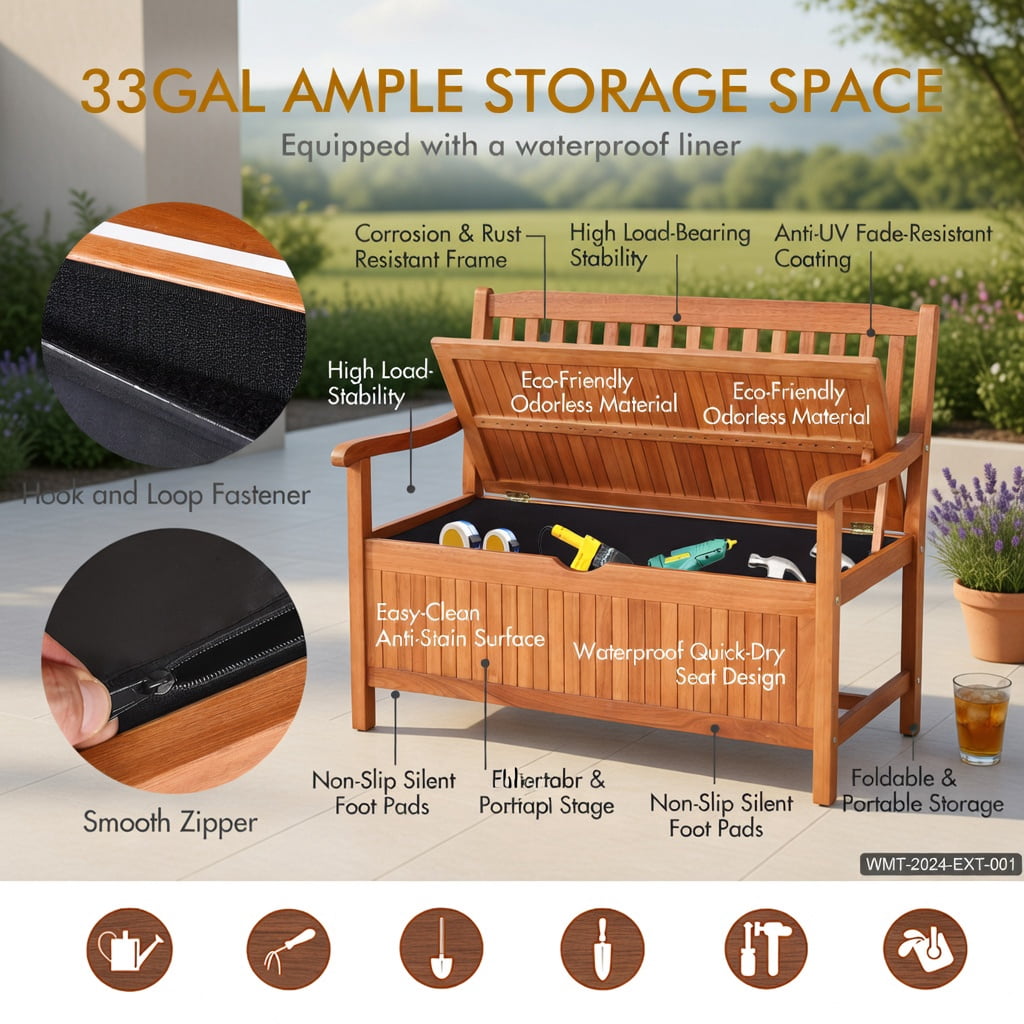 Hommoo 33-Gallon Eucalyptus Wood Outdoor Storage Bench with Liner, Patio, Garden & Porch Seating, Natural