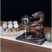 Ebony Solid Wood Glass Tea Pot Set with High Borosilicate Glass Teapot Magnetic Teapot Lazy Kung Tea Pot Set with Infuser Semi Automatic Drip Rotating Design-with 6 cups