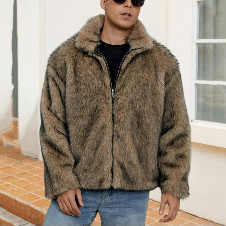 WRKEKC Faux Fur Jacket Men's Long Sleeve No Hood Solid Color Lapel