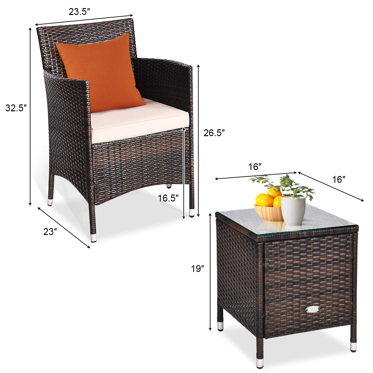Gymax 3PCS Patio Rattan Chair & Table Furniture Set Outdoor w/ Beige Cushion - image 5 of 10