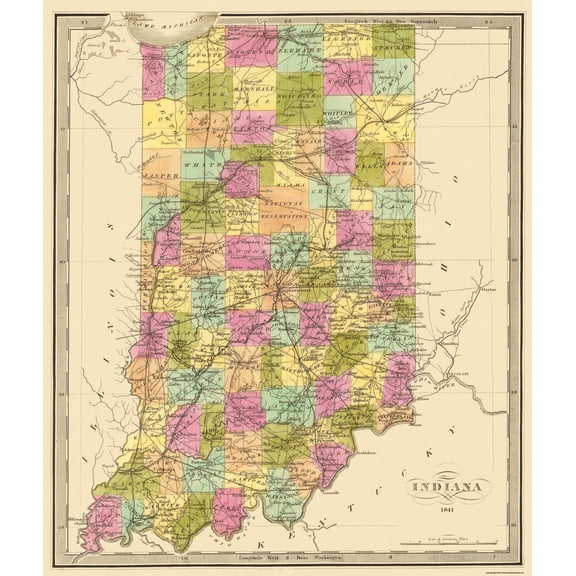 Historic State Map - Indiana - 1841 - 23 x 27.06 - Vintage Wall Art