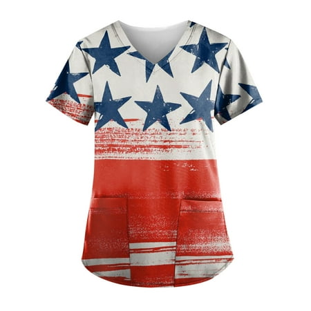 

Sksloeg Scrubs Tops for Women 4th Of July American Flag Print Patriotic T Shirts Short Sleeve V-Neck Workwear Nurse Uniform Tee with Pockets Red S