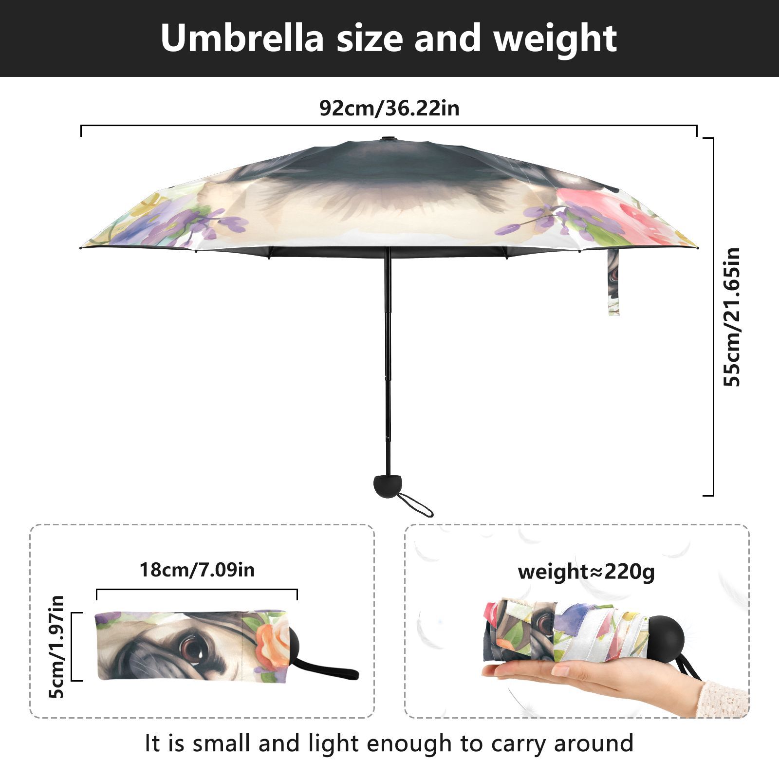 JSTEL Pug Dog Puppy Folding Umbrella for Rain Sun Travel Mini Lightweight Compact Umbrellas