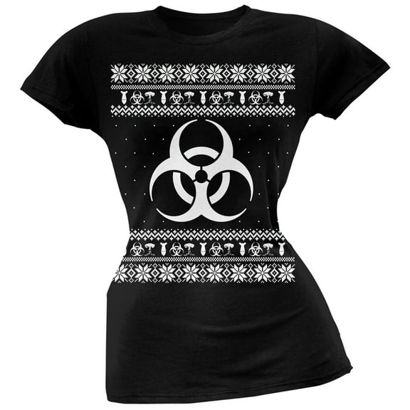 Biohazard Symbol Ugly Christmas Sweater Black Soft Juniors T-Shirt - Medium