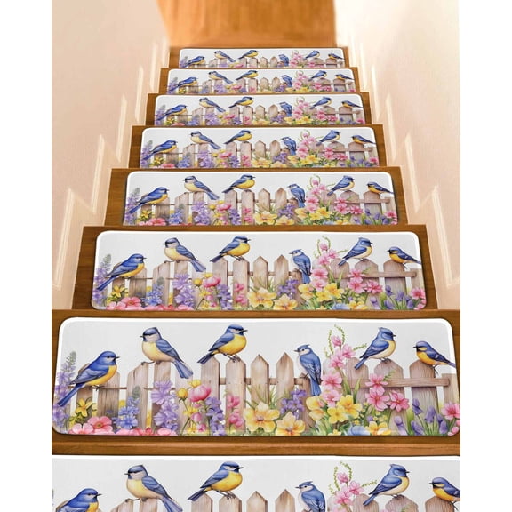 Stair Treads for Wooden Steps, Spring Floral Peel and Stick Stair Treads with Reusable Adhesive, Summer Birds Botanical Fence Non Slip Indoor Stairs Runner Rugs Mats for Elders Dogs 8"x30" 10PCS