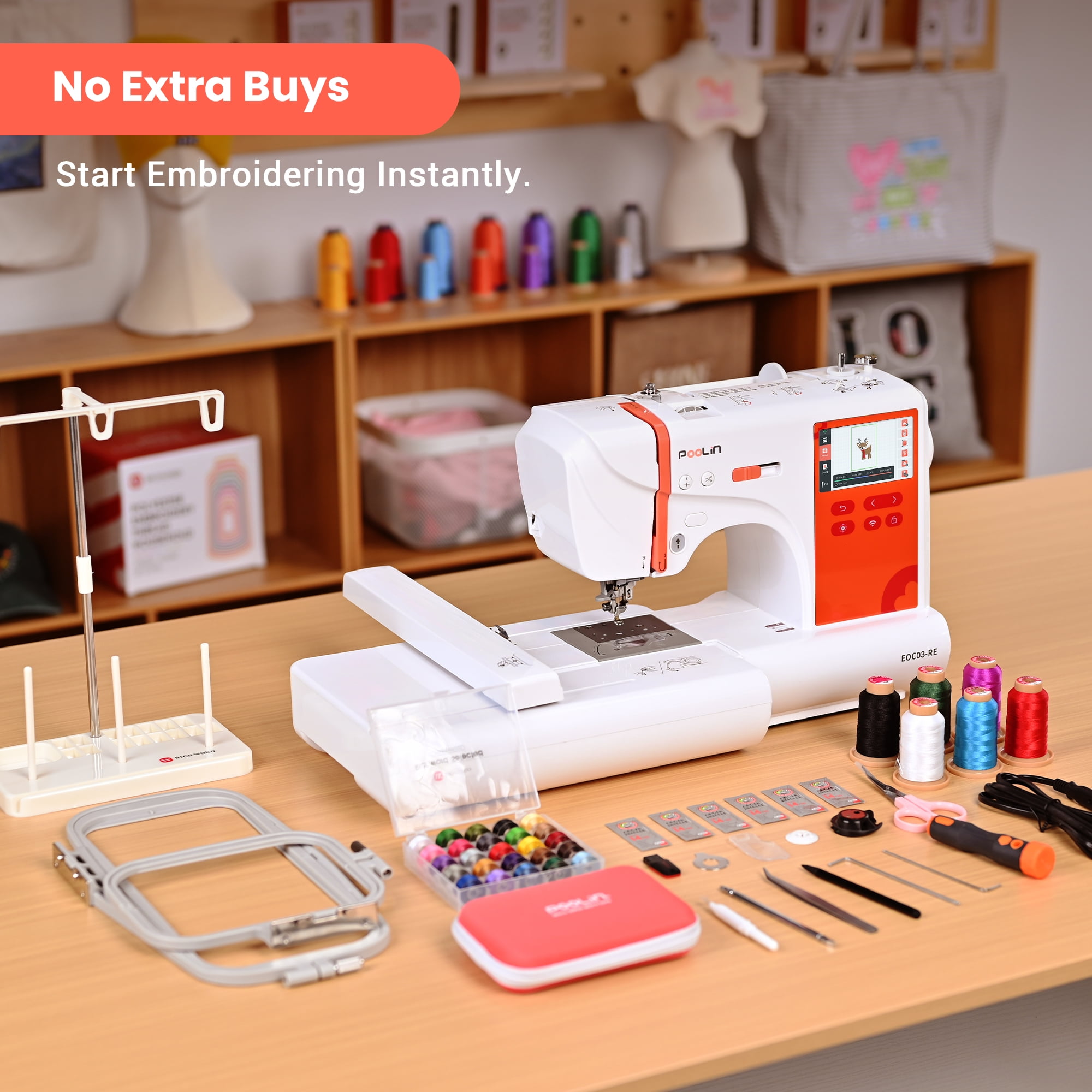 Poolin EOC03RE Embroidery Machine 4x9.25" Large Area, 4.3" Touch Screen, Wifi Connectivity with embroidery Kit