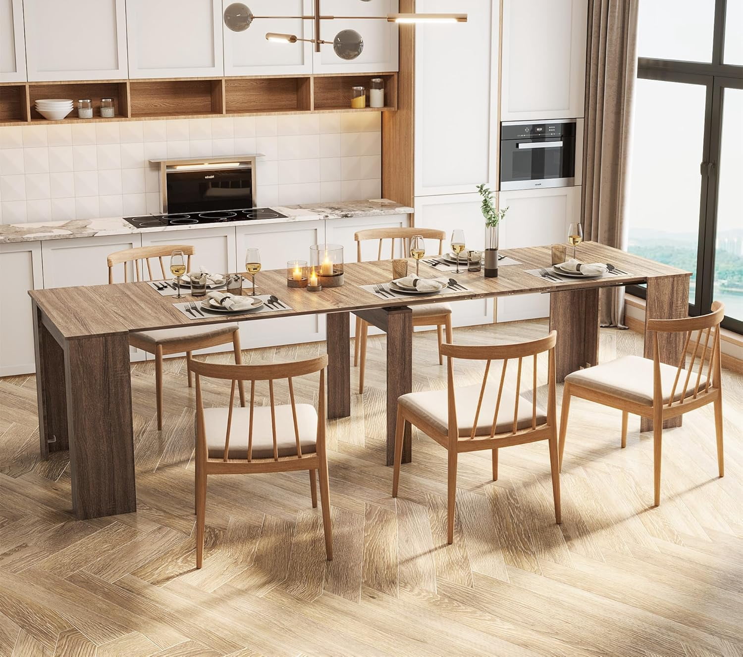 Rustic Wood Extendable Dining Room Table 118.5" Large Expandable Dining Tables for 6 8 10 12 People Industrial Extend Kitchen Table Space Saving for Family Gathering (Oak)