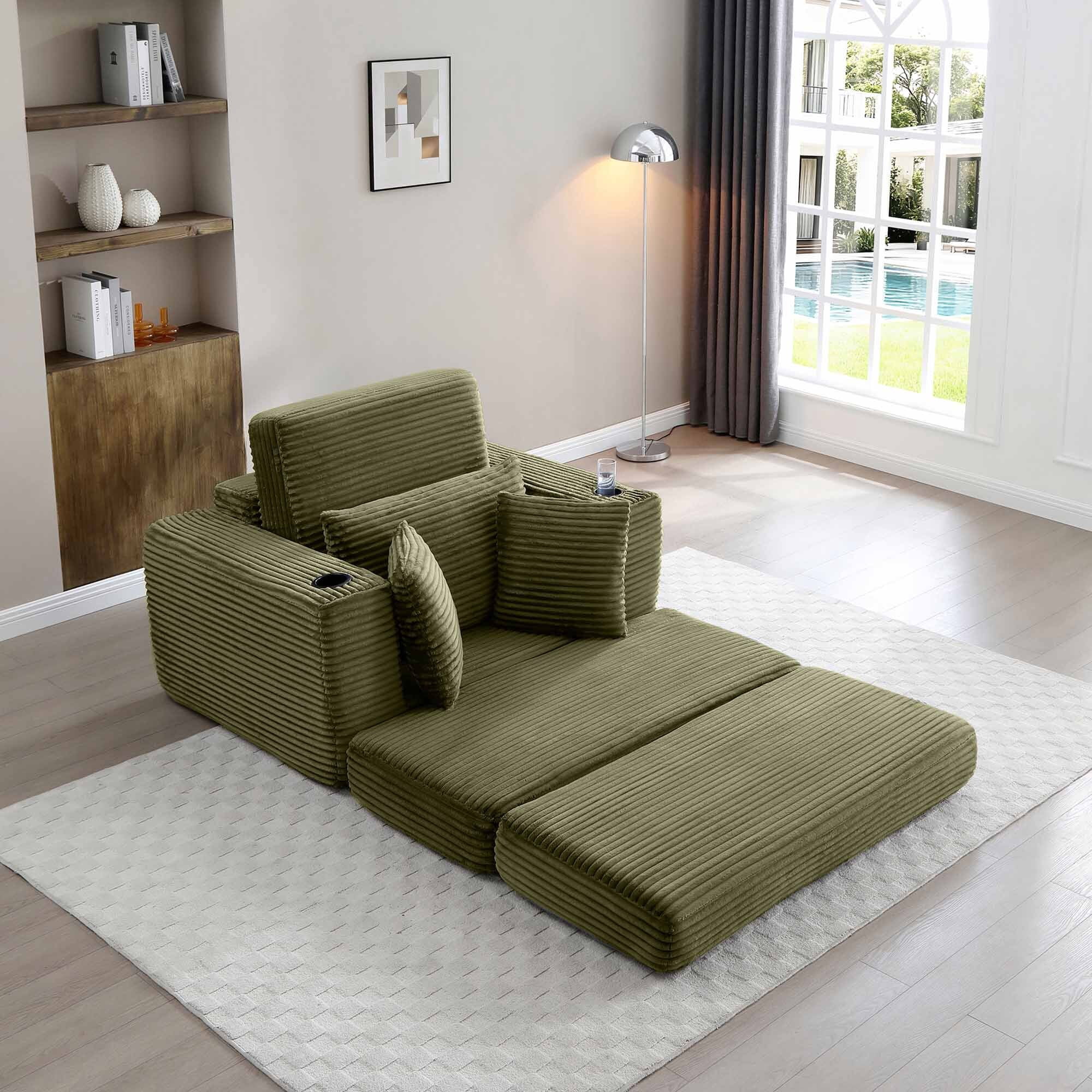 Lunale Boneless Chaise Lounge Chair with Ottoman, 52" Oversized 3-in-1 Convertible Sofa Chair for Living Room, Green Corduroy