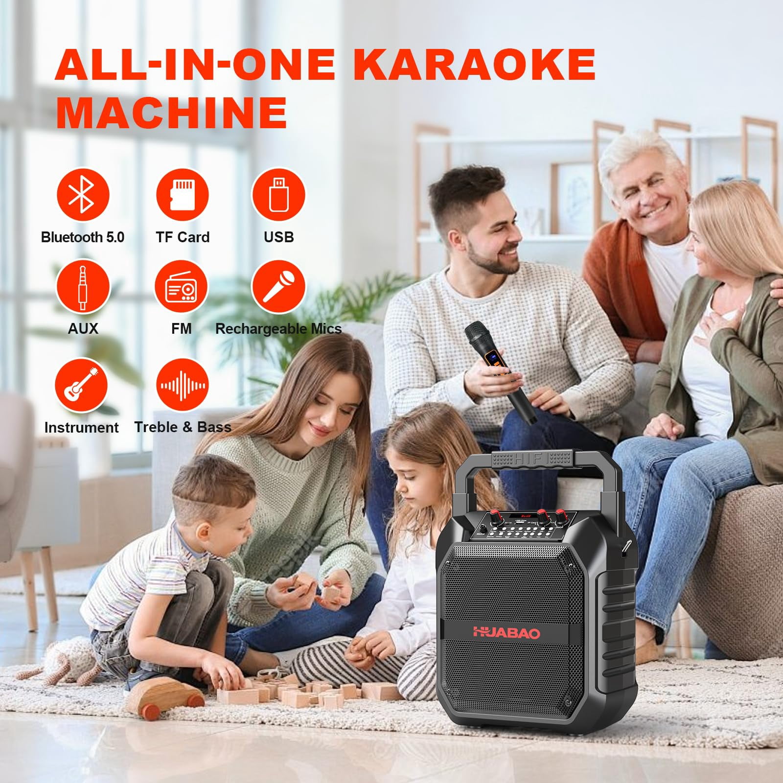HUABAO Karaoke Machine, Portable Bluetooth Speaker with 1 Wireless Microphone and Remote Control for Home and Outdoor Party