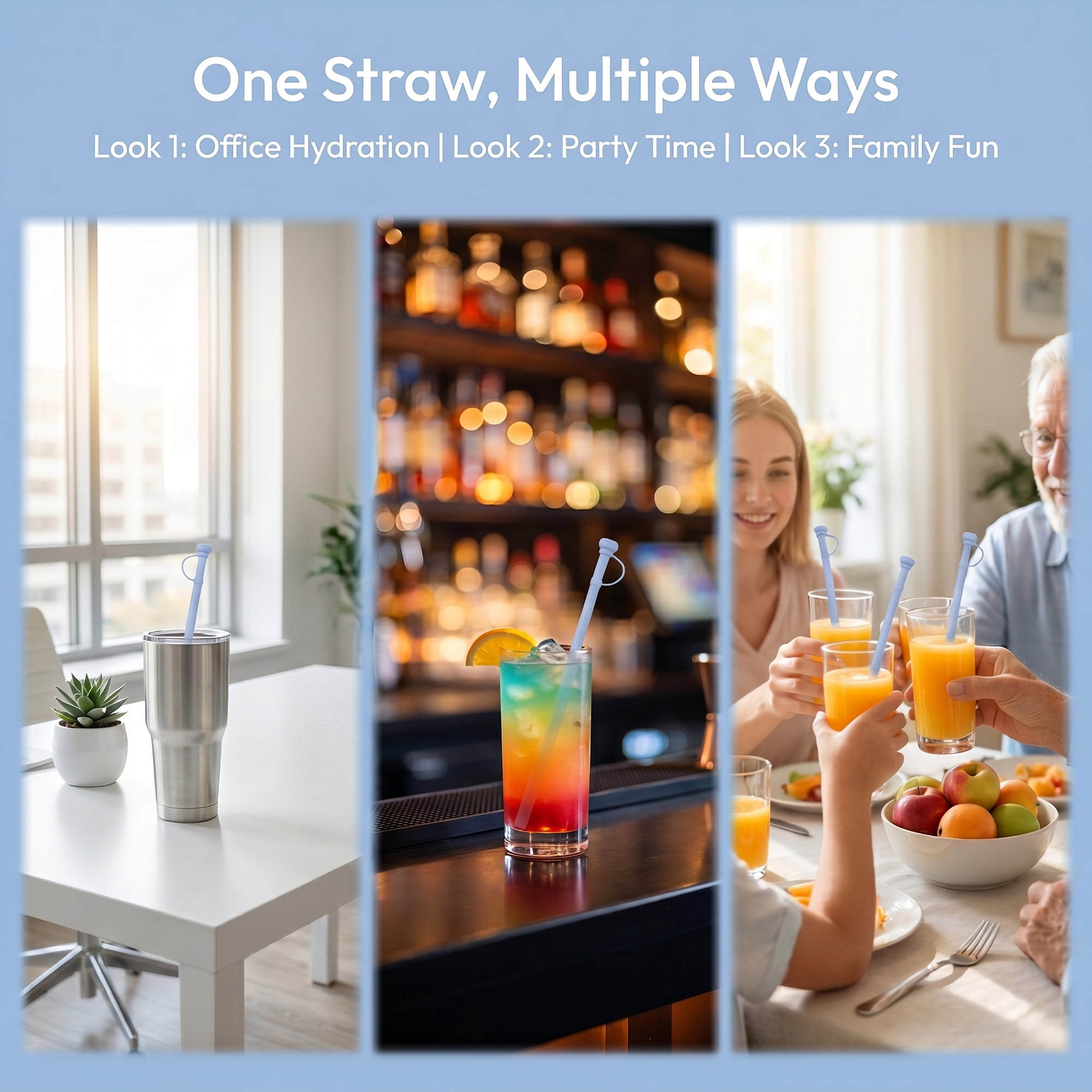 Unique Bargains 8Pcs Reusable Durable Silicone Dishwasher Safe Straws Light Blue