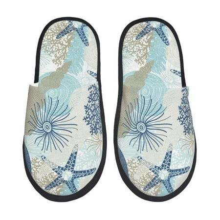 Balery Algae Corals and Seashells Slient Indoor Furry Fleece Comfort House Shoes Soft Non-Slip Home Shoes Cotton slippers House Slippers-- Large