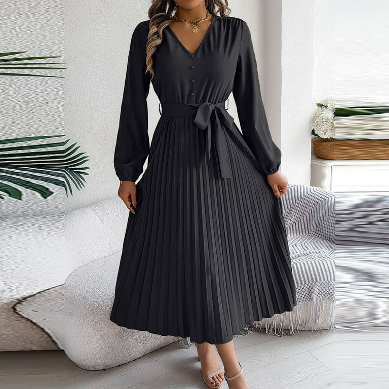 Women's Elegant Long Sleeve Pleated Midi Dress with Belt V-Neck
