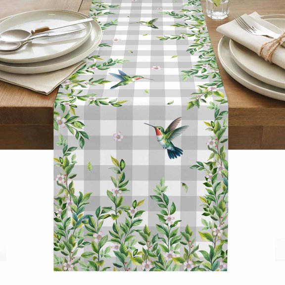 Spring Plants Table Runner - 36 Inch Long, Kitchen Dining Table Runner Dresser Scarves, Watercolor Leaves Birds Flowers Gray Plaid Farmhouse Decor for Coffee Tables Wedding Party Banquet
