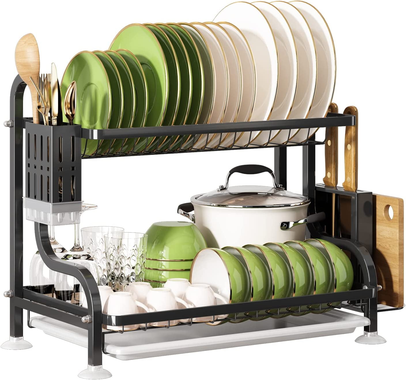 Happnear 2 Tier Dish Drying Rack with Drainboard, Kitchen Drying Rack with  Dish Mat/Towel, Large Dish Racks Drainers for Kitchen Counter, Dish