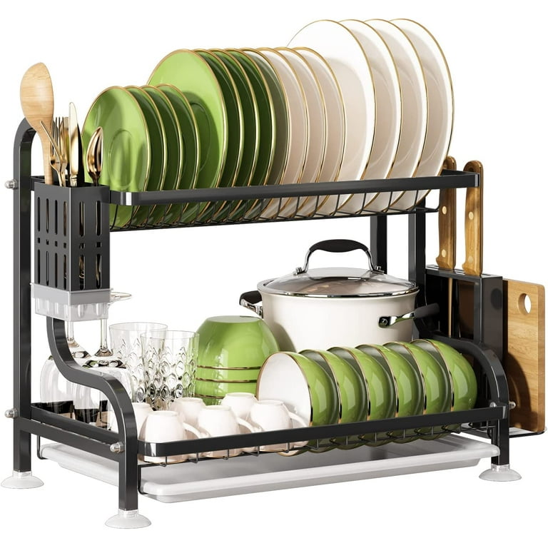 Dish Drying Rack with Drainboard Set, Large Dish Drainers for Kitchen  Counter, Rust-Proof Drying Rack with Utensil Holder and Dryer Mat, Kitchen  Dish Strainer Rack (Black - One Tier)