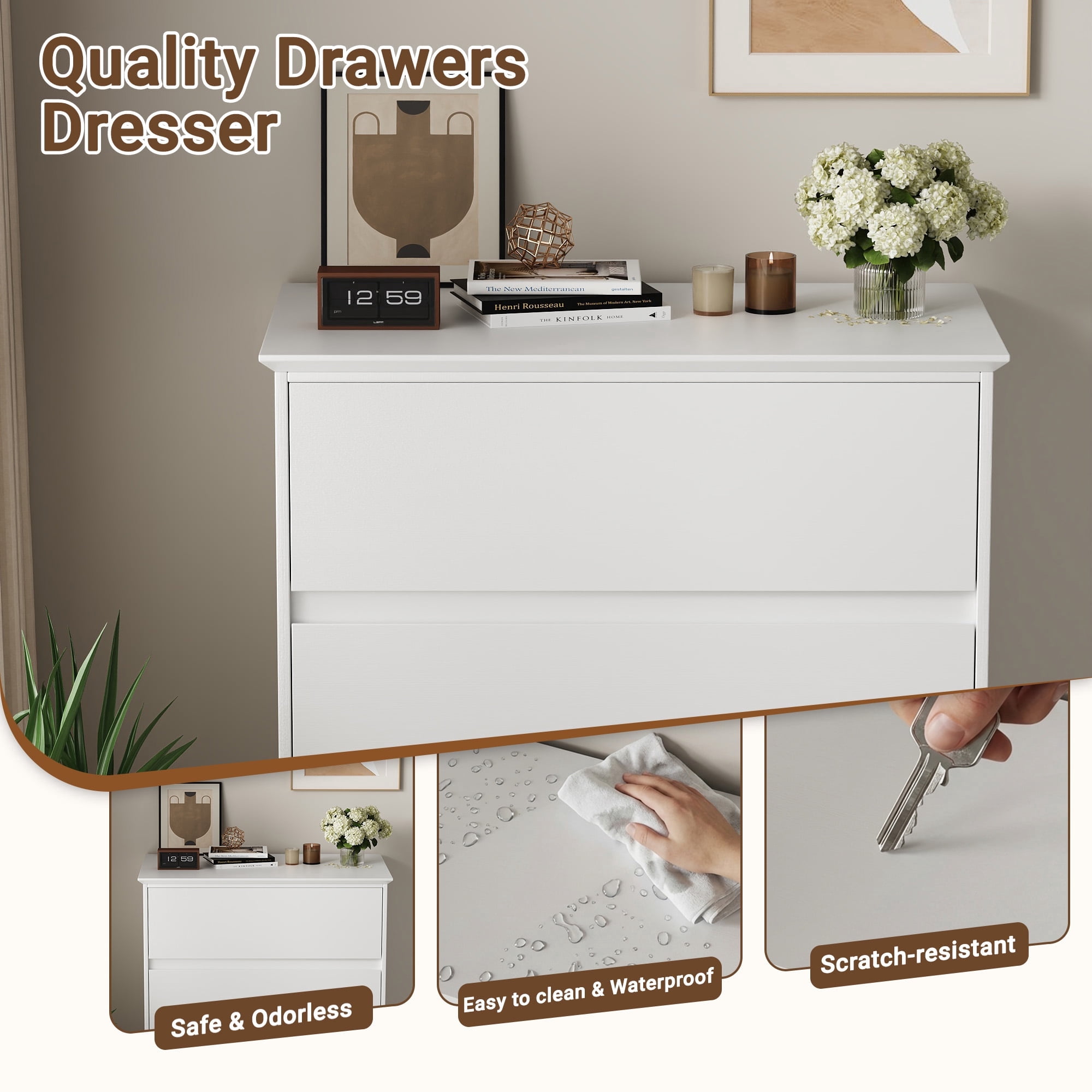 White 5 Drawers Dresser for Bedroom, Modern Chest of Drawers, Wood Storage Dresser with Deep Drawers for Living Room Hallway Entryway,