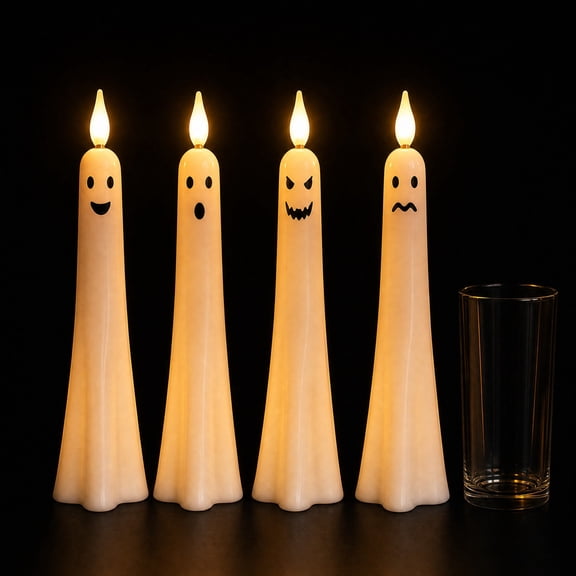 4 Pcs LED Ghost Taper Candles,Flameless Flickering Halloween Decor with Spooky Face Design,Battery Operated for Mantel Table Party,9.5 in