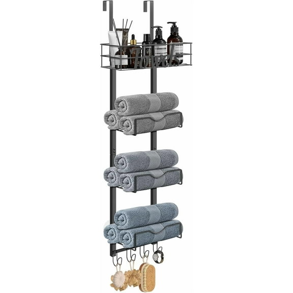 Over The Door Towel Racks, No Drill Towel Storage with Basket & Hooks, Space-Saving Multi-Functional Towel Holder for Bathrooms, bedrooms, Apartments, RVs (Matte Black)