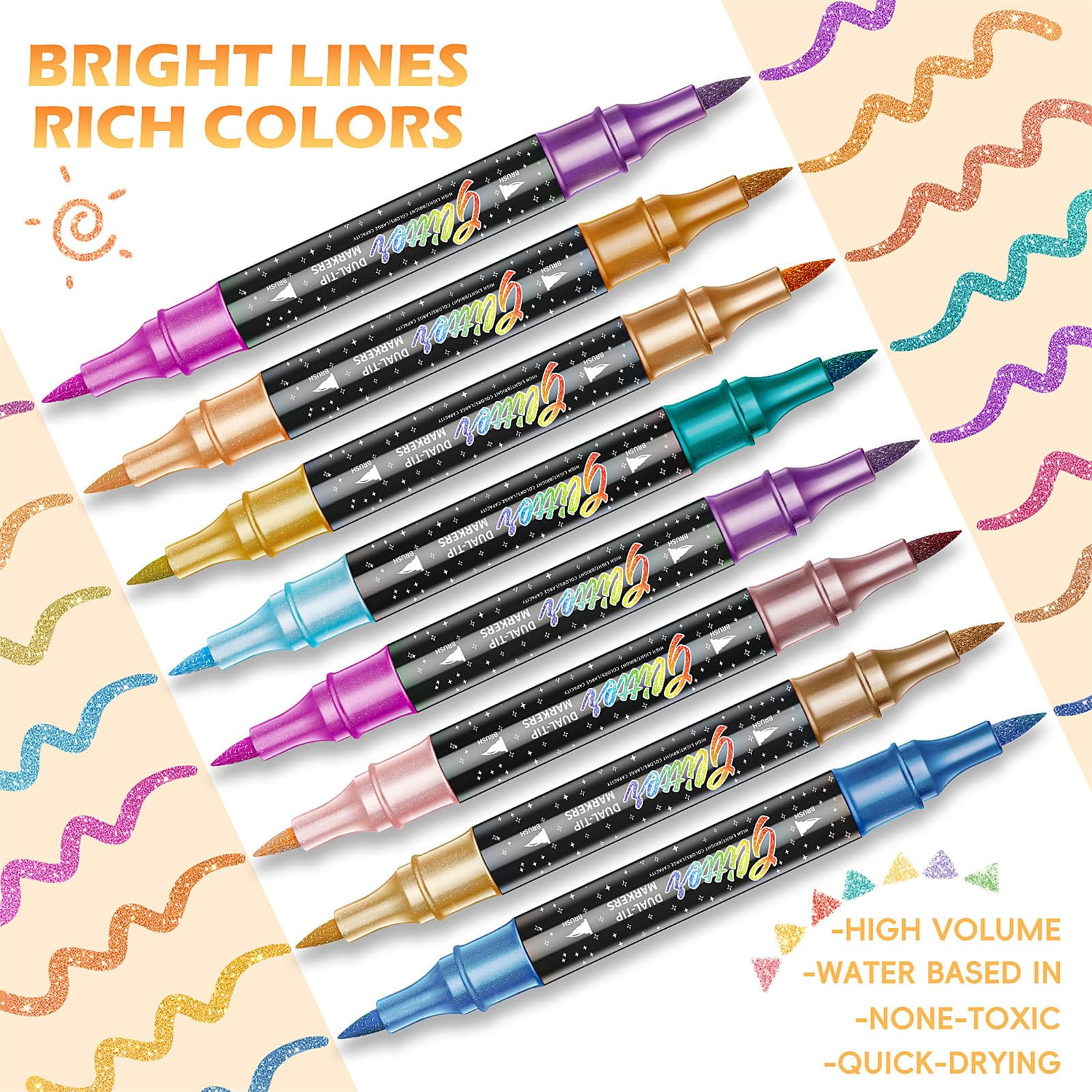 Glitter Markers, Dual Tip Brush Pens with Sparkle Ink for DIY Crafts Card Making Doodling