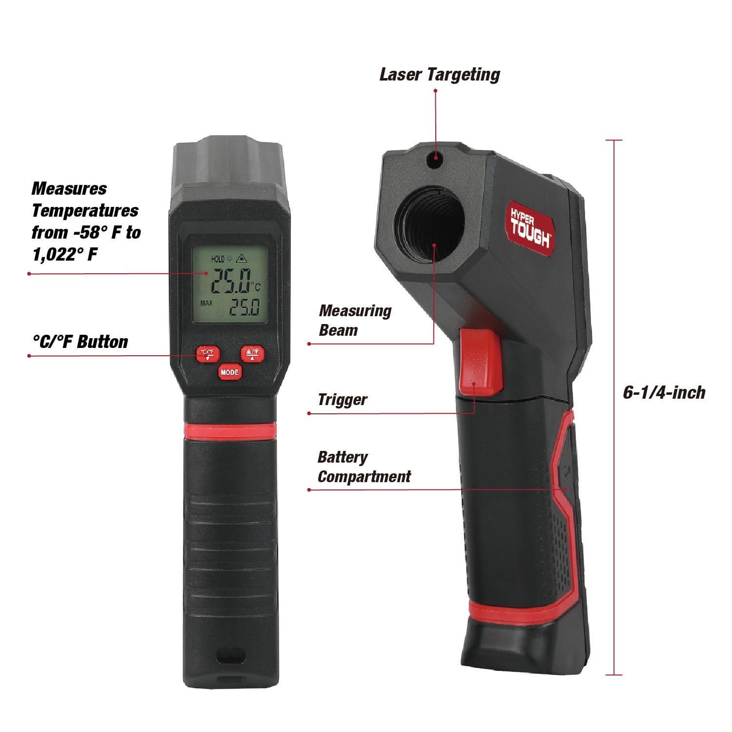Hyper Tough Infrared Thermometer with Digital Display and Laser Targeting