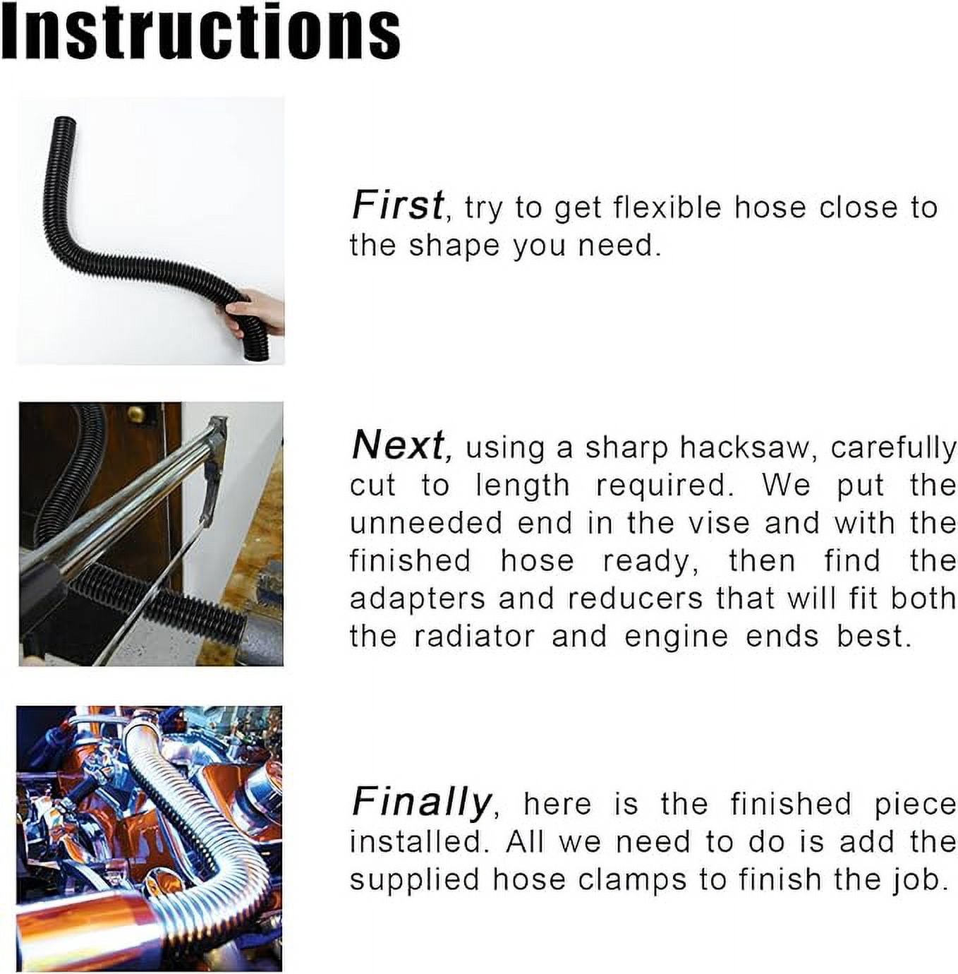 BCSMMCAR 24” Stainless Steel Chrome Flexible Radiator Hose Kit – Universal Fit, 3 Adapter Sizes, 1-Year Warranty