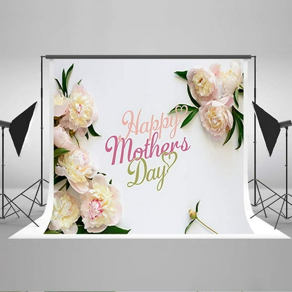BSDHOME Polyester 7x5ft Mother's Day Photo Backdrops White Wall with Light Pink Carnations Studio Props Photography Background for Studios