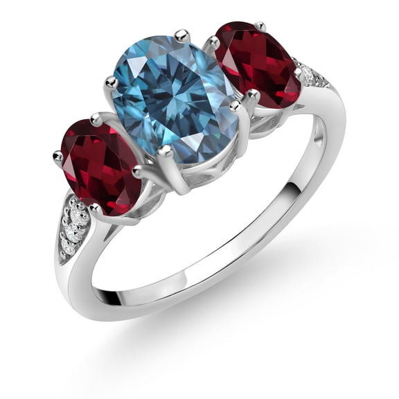 Gem Stone King 10K White Gold Persian Blue Moissanite Red Rhodolite Garnet and White Lab Grown Diamond 3 Stone Engagement Ring for Women (2.42 Cttw, Gemstone Birthstone, Size 7)