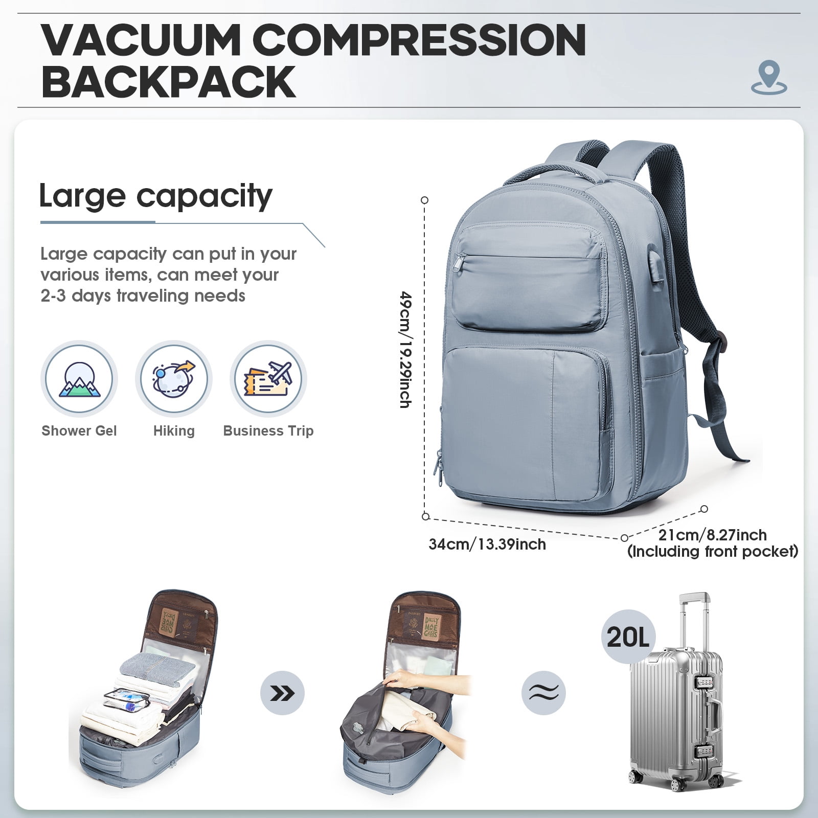 Vacuum Travel Backpack with Pump, Vacuum Seal Compression Backpack for Travel on Airplane, Vacpack Backpack with Vacuum Packing for Women Men Airpack Daypack Fit 17 Inch Laptop Travel Bookbag Blue