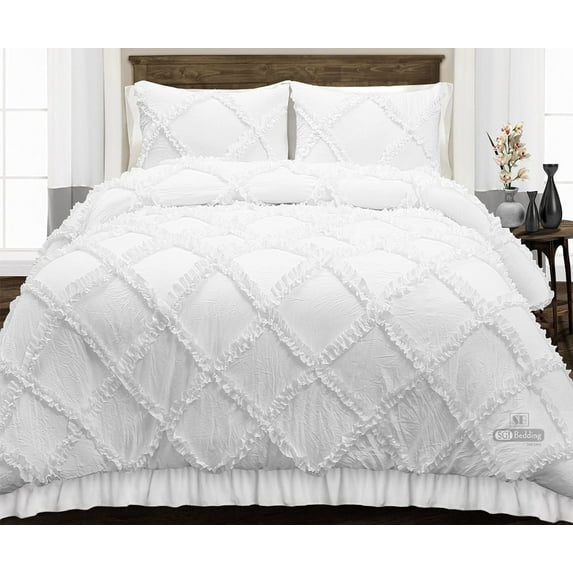 Queen Comforter Diamond Ruffle Aqua Green 300 GSM Plush Siliconized Microfiber Fill Duvet Insert With 1000 Thread Count Egyptian Cotton Shell Fluffy with Piping & Pillowcases
