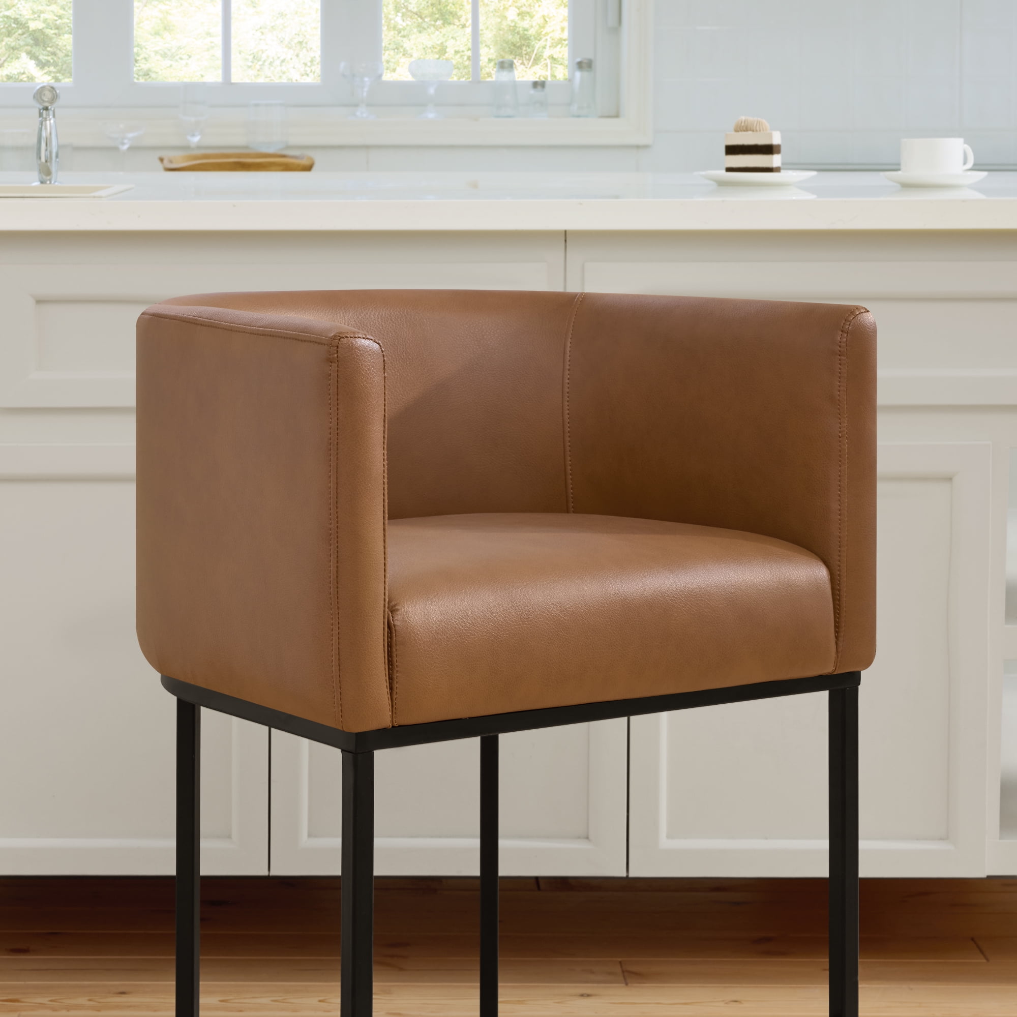 Spruce & Spring Modern Barrel-Back Upholstered Counter Stool with Wide Seat for Kitchen Island or Home Bar Set of 2, Brown