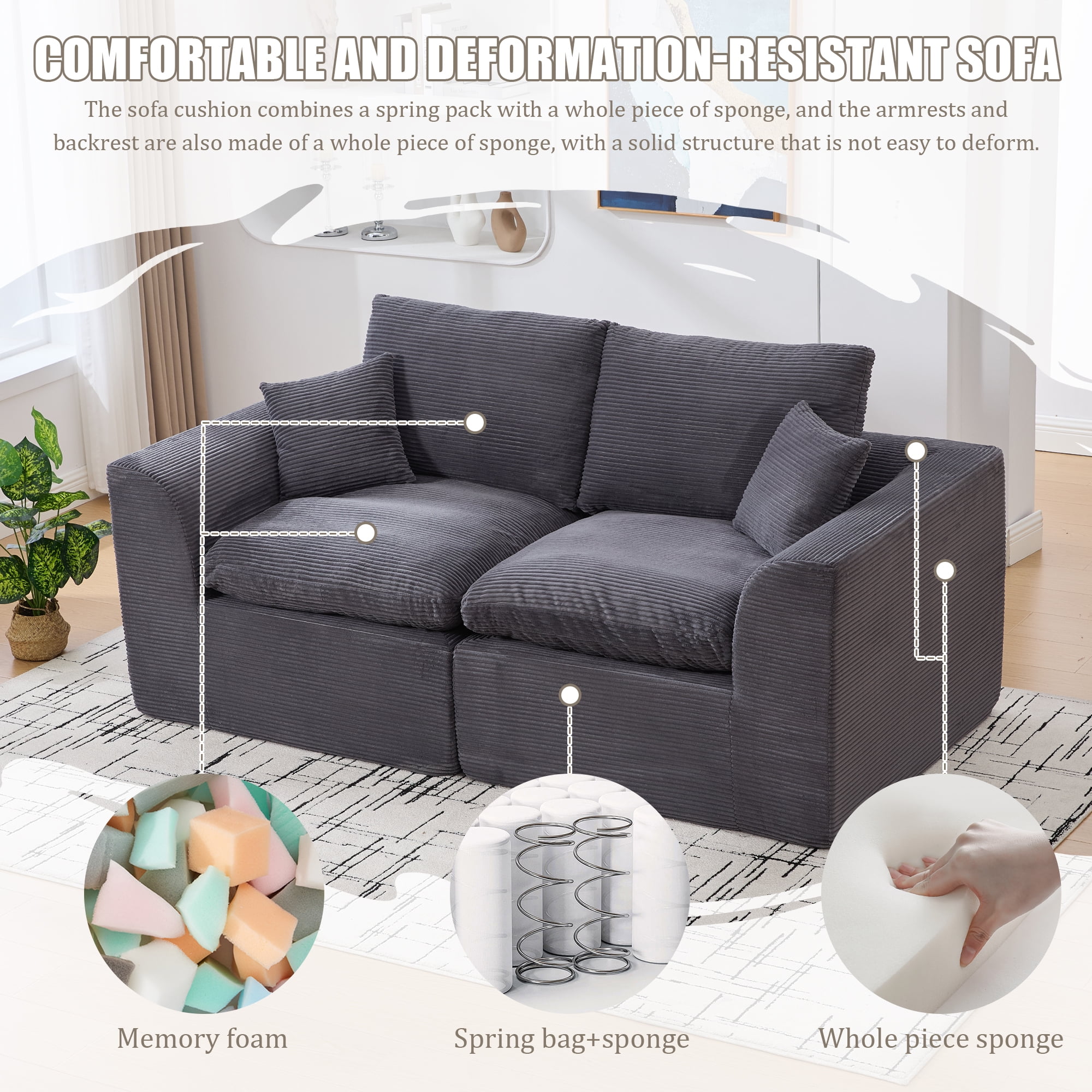 MOONMISS 80.3" Oversized Modular Sofa, Upholstered Corduroy 2 Seat Deep Seat Cloud Couch for Living Room Bedroom, No Assembly Required,Gray