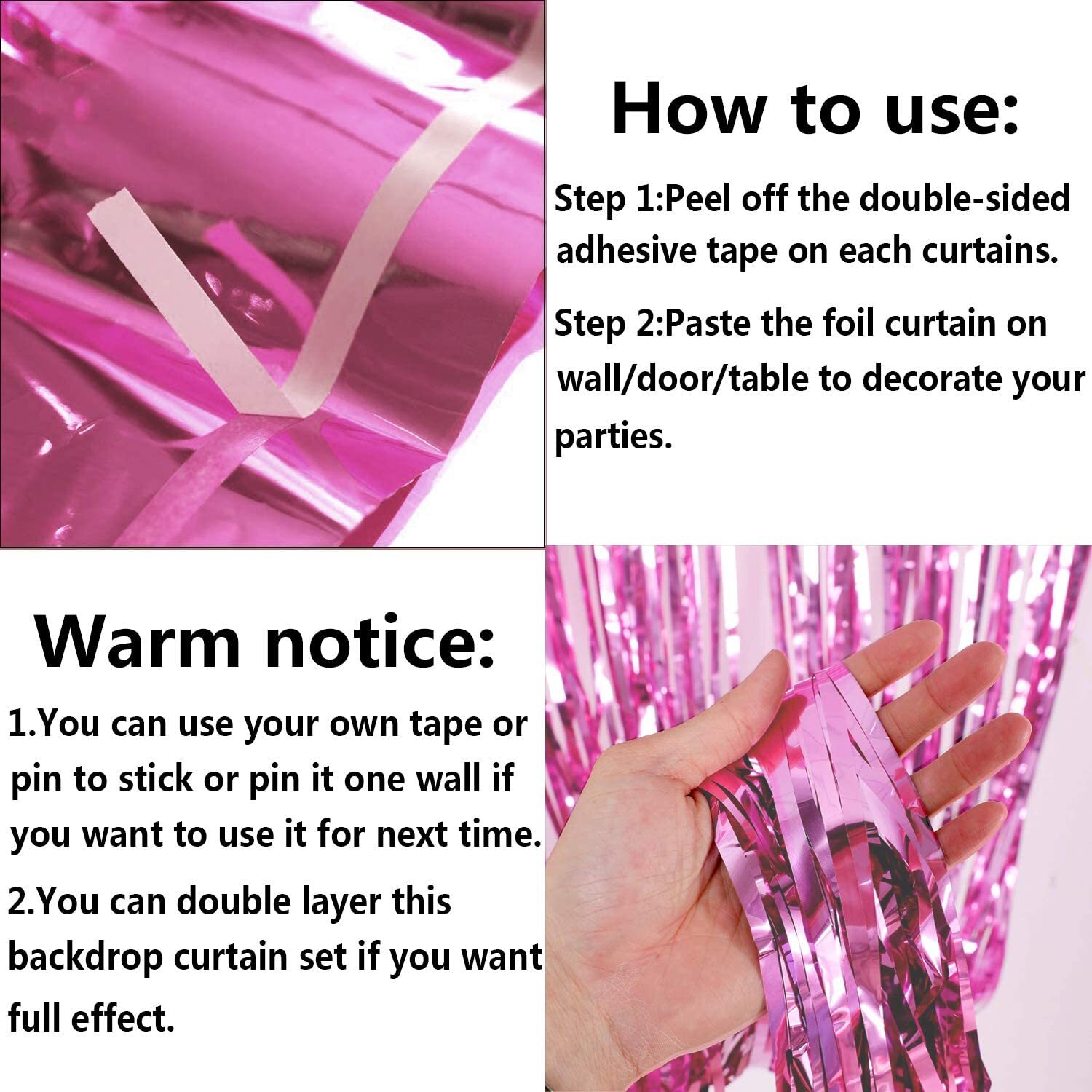 Wattne 3 Pack Metallic Tinsel Fringe Curtains Backdrop, Rose Pink photo 7
