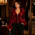 thumbnail image 4 of Iyufng Fitted Velvet Zip Up Jackets for Women Long Sleeve with Faux Fur Collar and Cuffs Slim Cropped Outerwear, 4 of 7