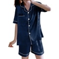thumbnail image 3 of Asxite Pajamas for Women Set Solid Summer Short Sleeve Shorts Set Lapel Loungewear 2 Piece, 3 of 5