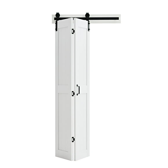 KFFKFF Bifold Barn Door, 36" x 84", MDF Bi-Fold Sliding Closet Doors, Header Board and Hardware Kit Included, H-Frame Space-Saving Design, Panels Need to Assemble, White
