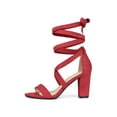 thumbnail image 6 of BLISSFUL STEP Women's Sandals Solid Color Mid Block Heels Lace up Sandals Red 8, 6 of 8