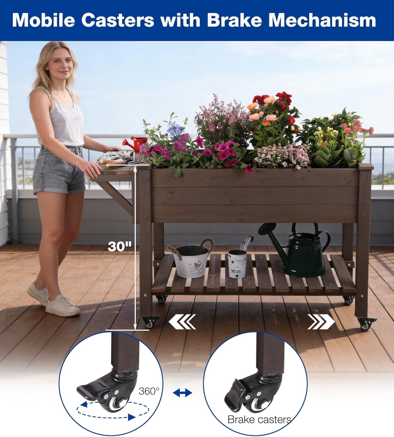 MEDEHOO Raised Garden Bed Outdoor with Wheels, 52.7" Elevated Wooden Garden Bed with 8 Planter Boxes, Removable Dividers, Storage Shelf, Standing Mobile Planter with Non-Woven Liner
