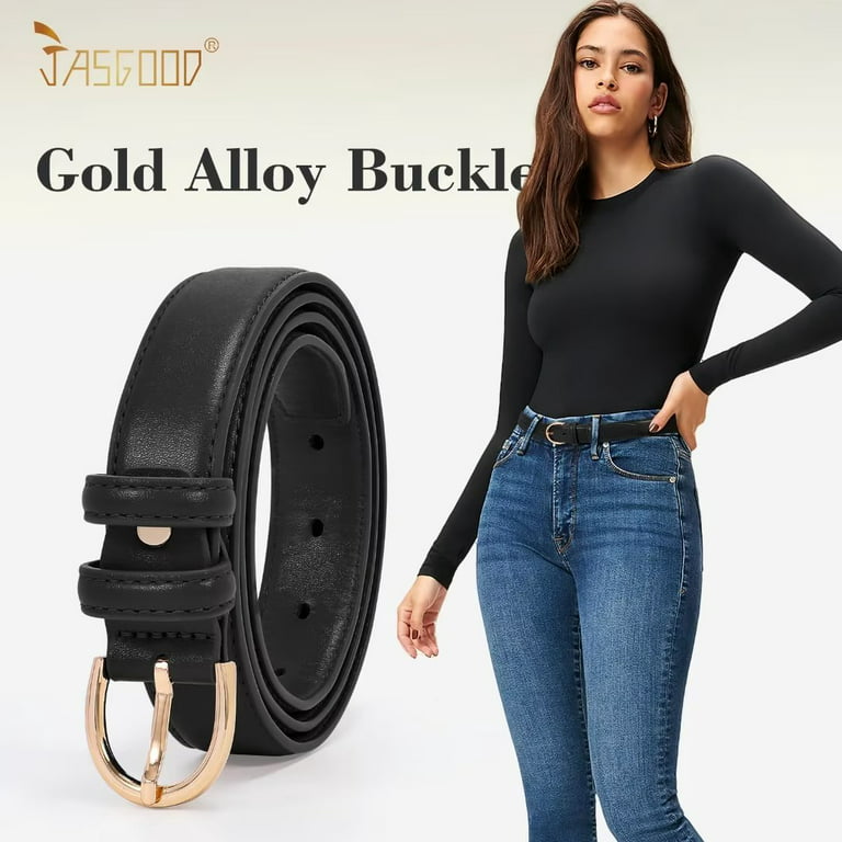JASGOOD Women Leather Belt for Jeans Pants Dresses Black Waist Belts 