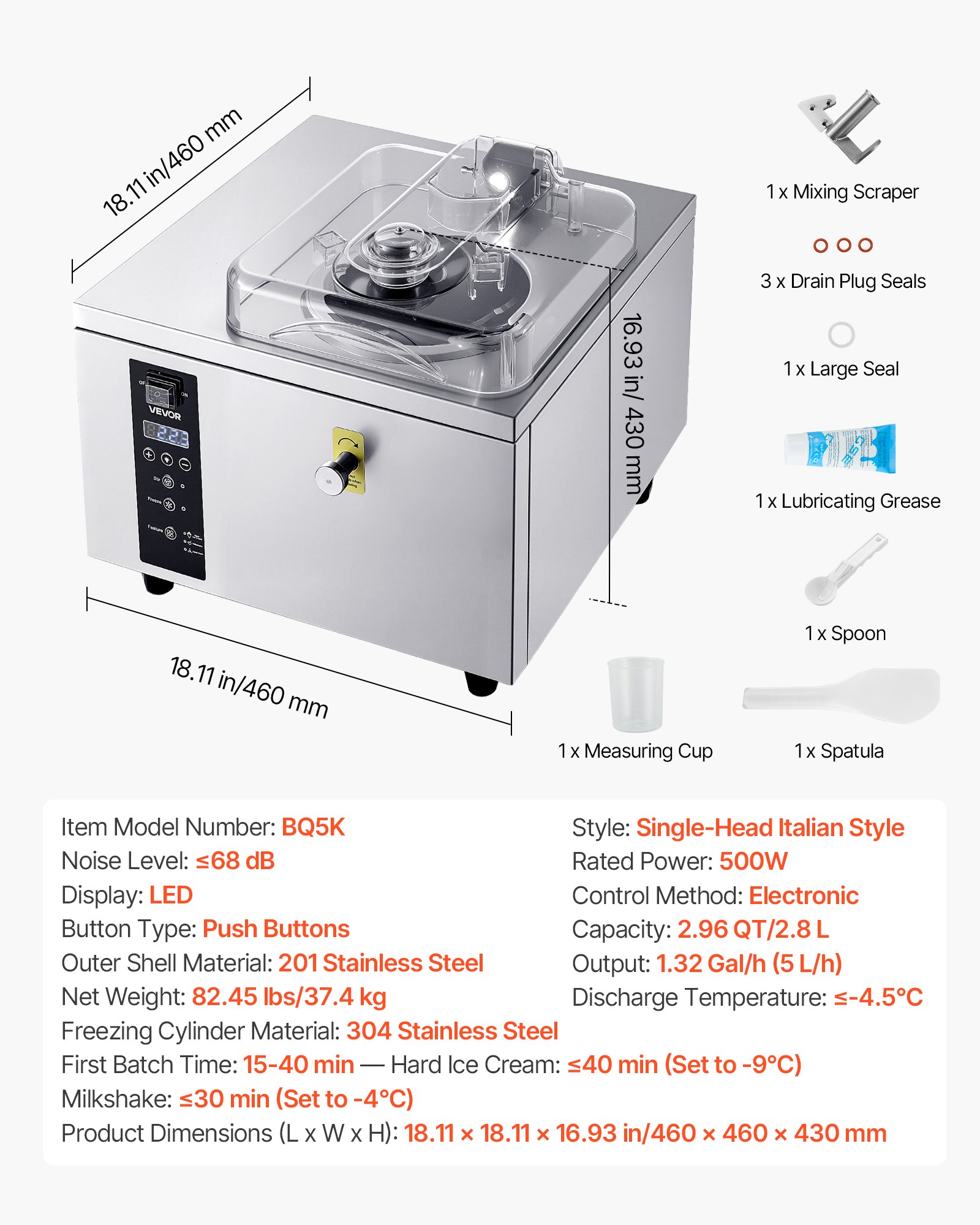 VEVOR Commercial Hard Ice Cream Machine, 500W 1.32 Gal/Hour, Gelato Hard Serve Ice Cream Maker with 2.8L 304 Stainless Steel Cylinder, Auto Clean LED Panel High Productivity for Snack Bar Restaurants
