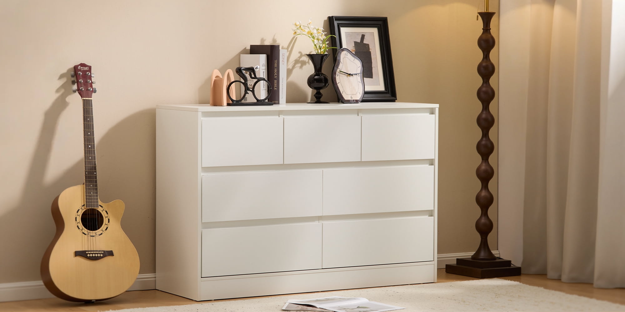 Ktaxon 7 Drawer Double Dresser with Mirrow Wood Dresser Storage Cabinet Drawer Organizer Chest of Drawers, White