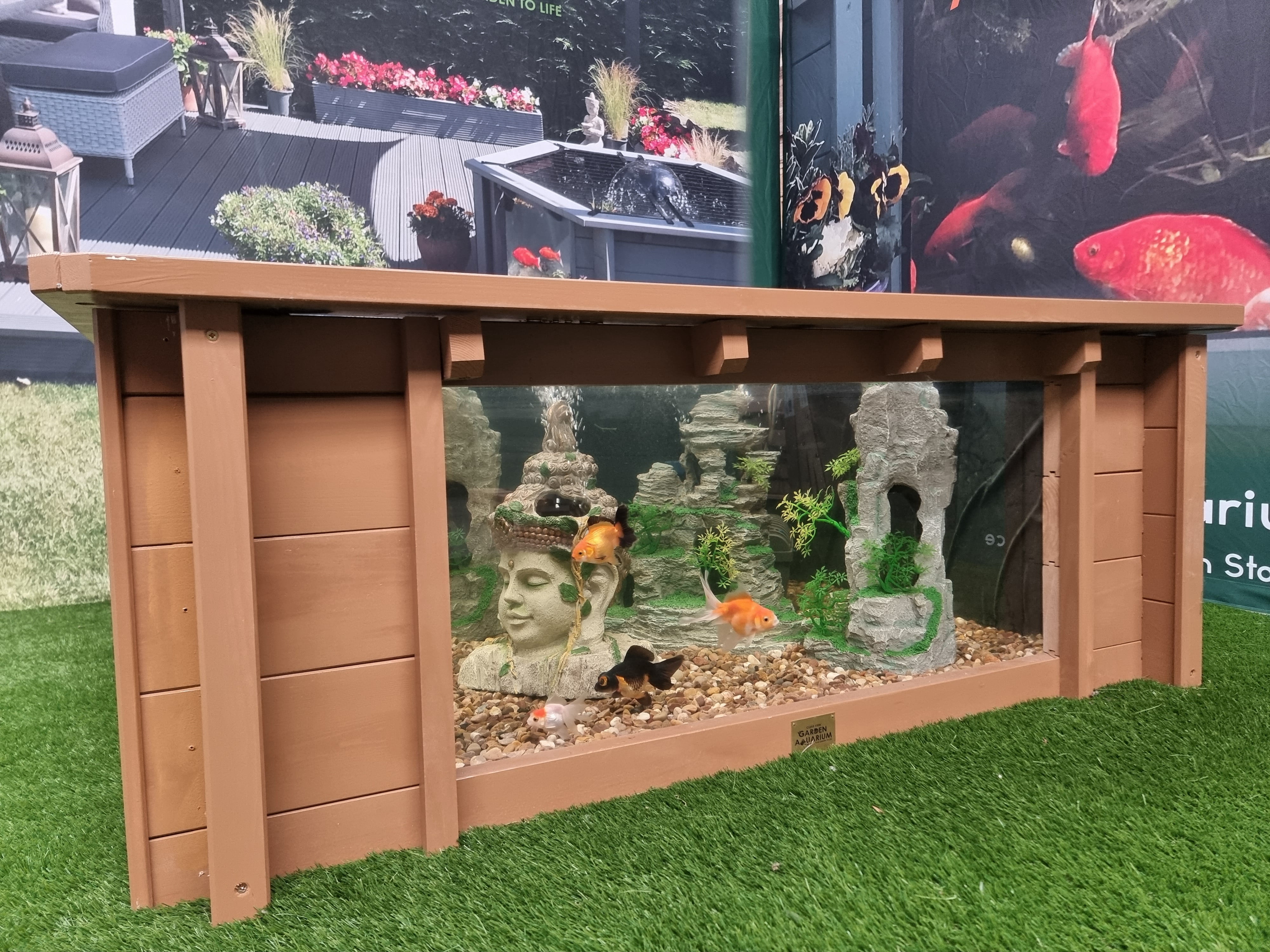 Raised Square Wood Pond with Large Windows - Lotus Clear View Garden Aquarium in Brown 172 Gallon