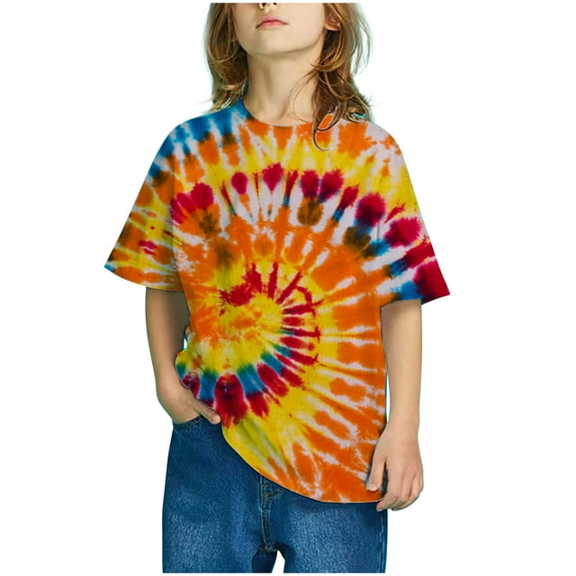 EGNMCR Blouses & Chemises à Manches Courtes Col Rond Filles Manches Courtes Dégradé Imprimé Hauts Enfant Col Rond Été Décontracté Ample T-Shirt Girl Blouse