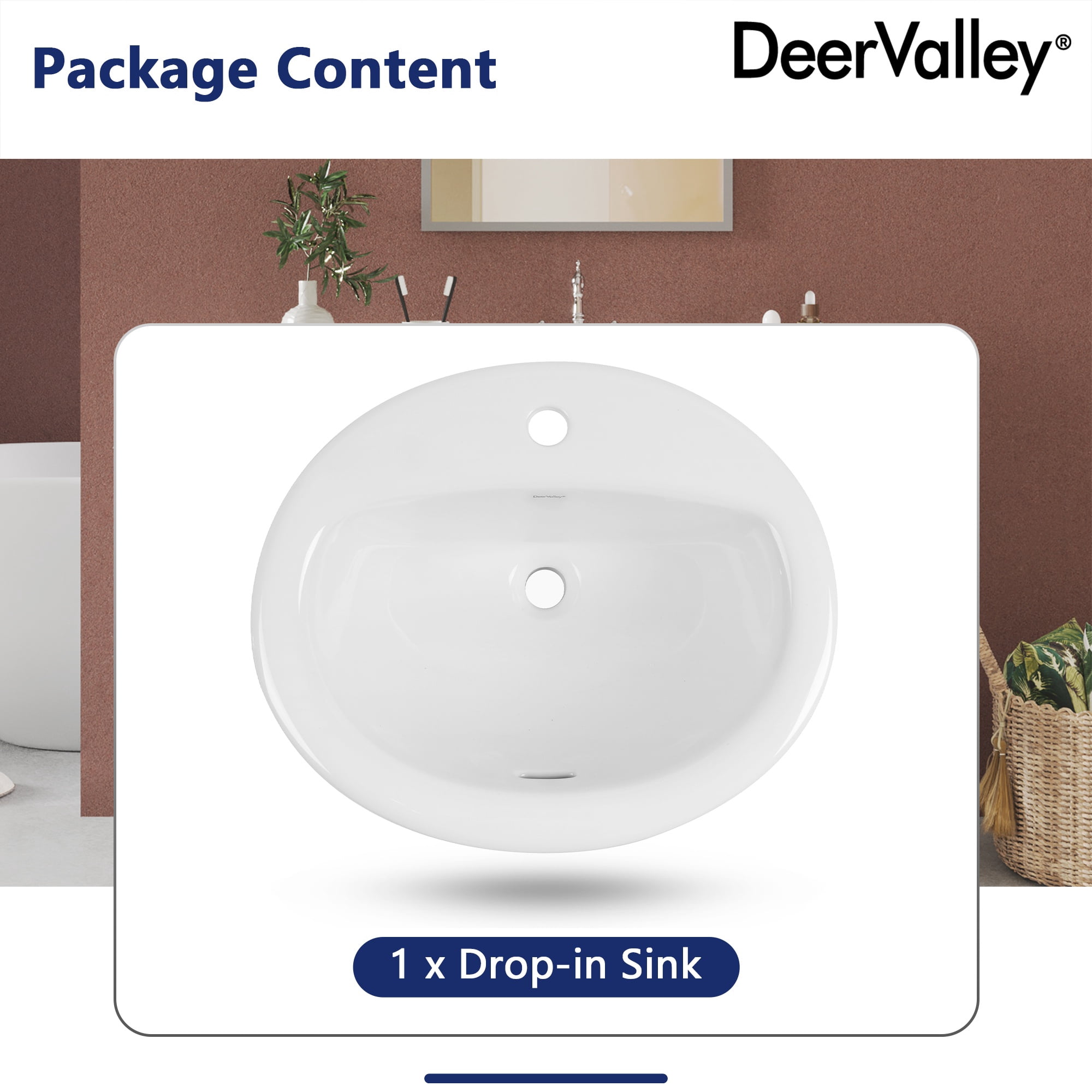 DV-1DS0120 20'' x 17'' White Oval Vitreous China Drop-in Bathroom Sink with Overflow