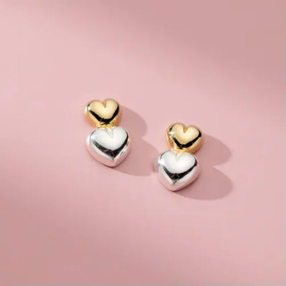 EOEMY Dual Heart Drop Hoop Dangle Stud Earrings 925 Sterling Silver Womens Jewellery-Gold